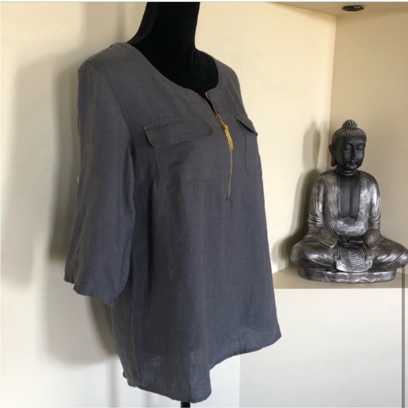 Ellen Tracy 100% linen grey pullover blouse top 3/4 sleeve lagenlook size medium - Picture 4 of 13